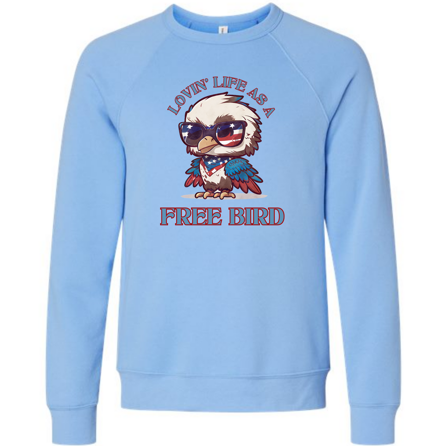 Lovin' Life as a Free Bird - Sponge Fleece Raglan Sweatshirt - Blues, Greens, Purple, and Black