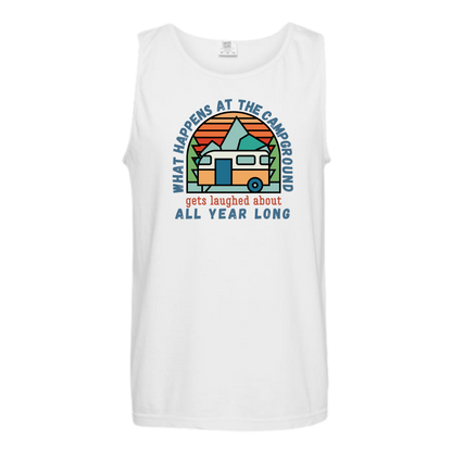 What Happens At The Campground - Comfort Colors - Unisex Tank - Neutral Colors & Blues
