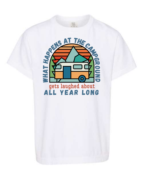 What Happens At The Campground - Comfort Colors - Heavyweight Youth Tee - Neutral Colors & Blues