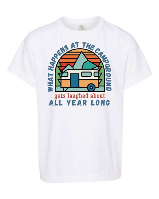 What Happens At The Campground - Comfort Colors - Heavyweight Youth Tee - Neutral Colors & Blues