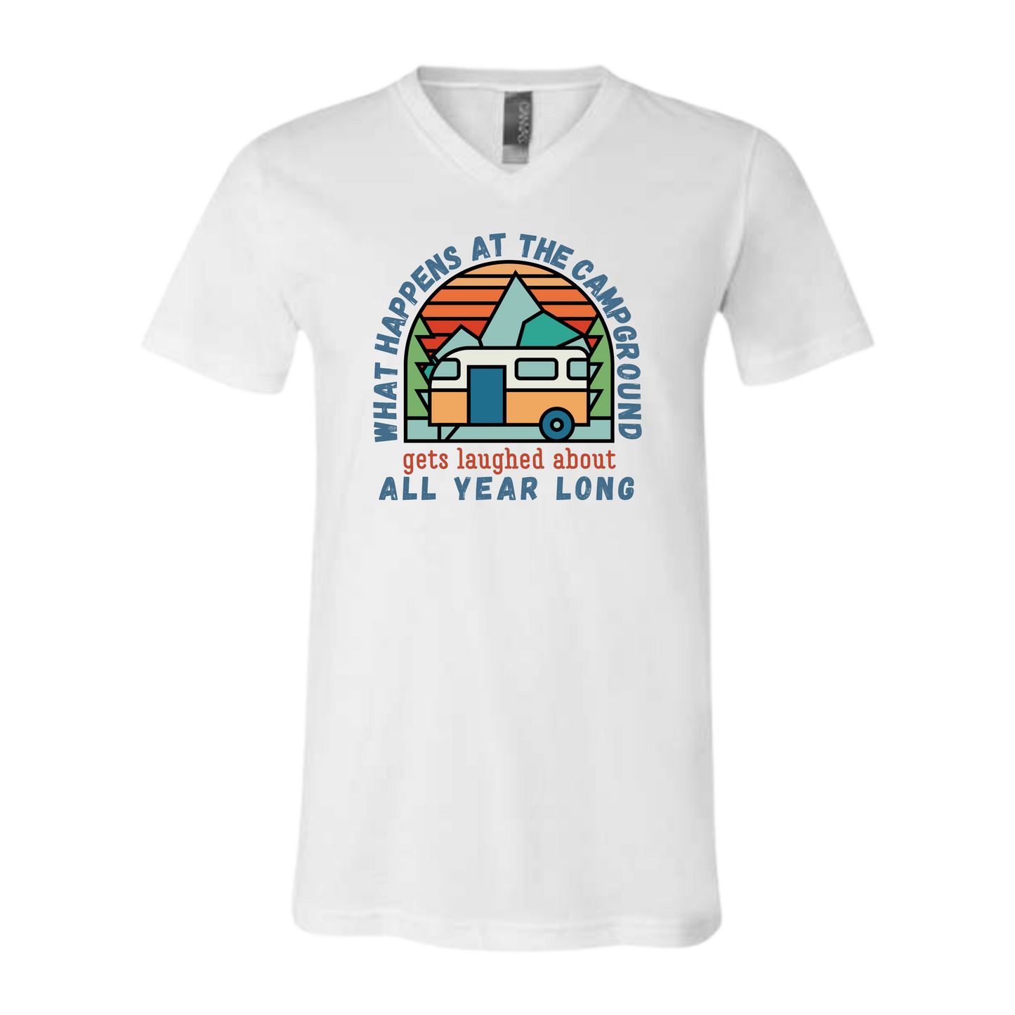 What Happens At The Campground - Bella+Canvas - Unisex V-Neck - Neutral Colors