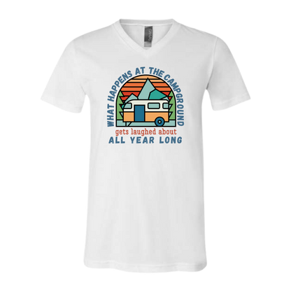 What Happens At The Campground - Bella+Canvas - Unisex V-Neck - Neutral Colors