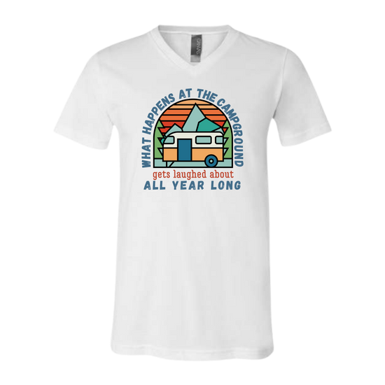 What Happens At The Campground - Bella+Canvas - Unisex V-Neck - Neutral Colors