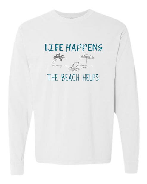 Life Happens The Beach Helps - Comfort Colors - Heavyweight Long Sleeve Tee - Neutral Colors