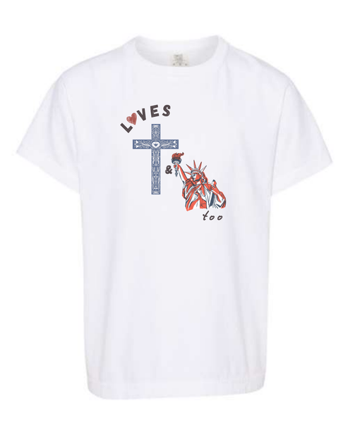 Loves Jesus & America too - Comfort Colors - Heavyweight Youth Tee - Neutral Colors & Blues