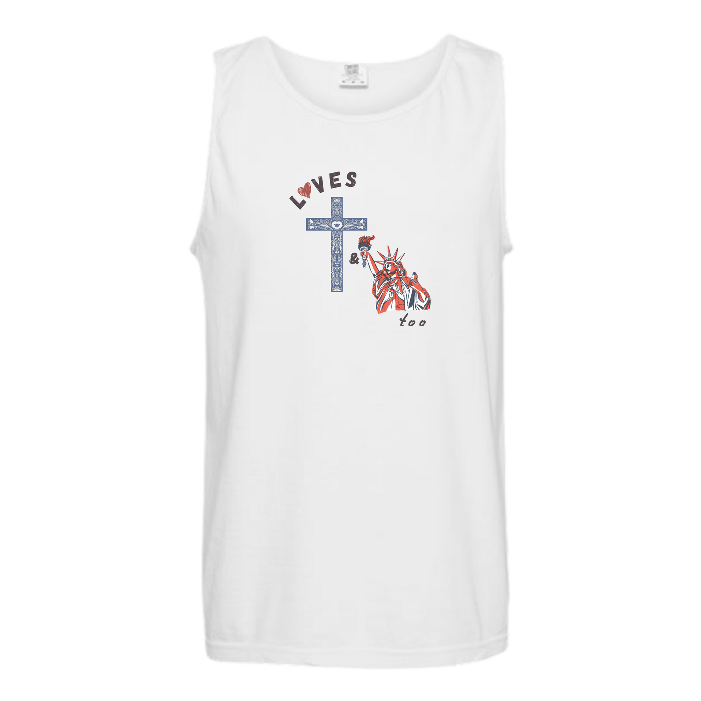 Loves Jesus & America too - Comfort Colors - Unisex Tank - Neutral Colors & Blues