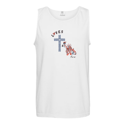Loves Jesus & America too - Comfort Colors - Unisex Tank - Neutral Colors & Blues