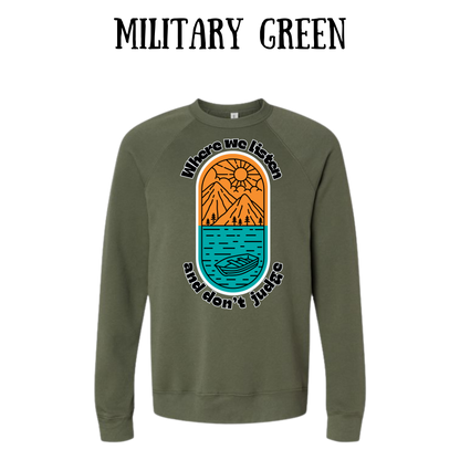 CP - Where We Listen and Don't Judge - Sponge Fleece Raglan Sweatshirt - Greens, Neutrals