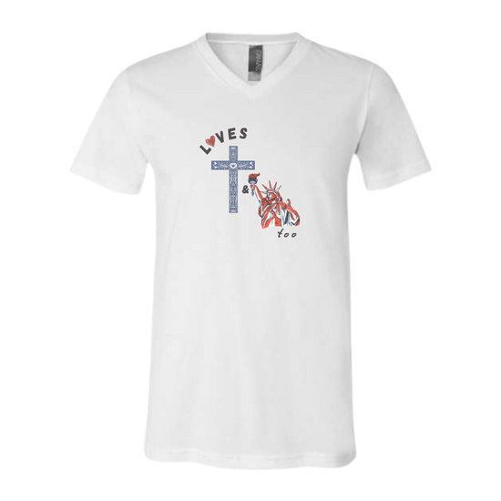 Loves Jesus & America too - Bella+Canvas - Unisex V-Neck - Neutral Colors