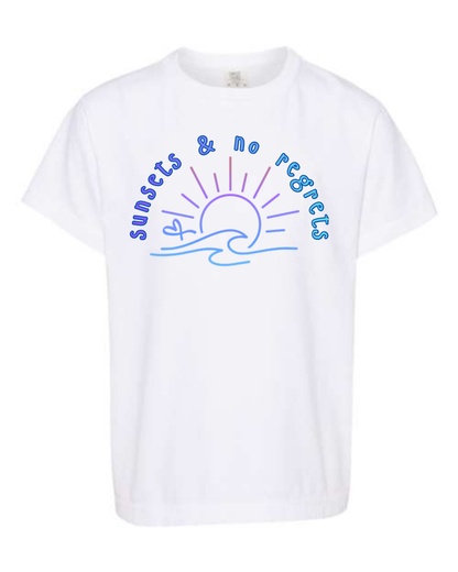 Sunsets & No Regrets - Comfort Colors - Heavyweight Youth Tee - Neutral Colors & Blues