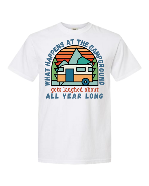 What Happens At The Campground - Comfort Colors - Heavyweight Unisex Tee - Neutral Colors