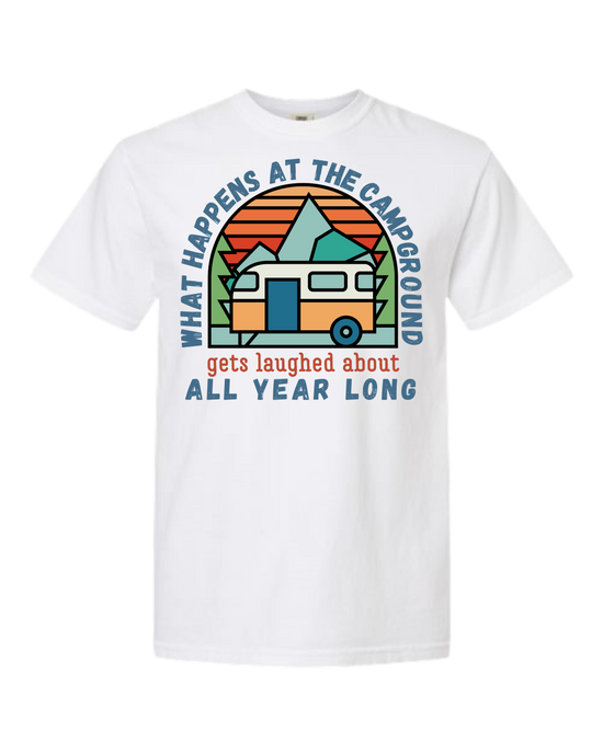 What Happens At The Campground - Comfort Colors - Heavyweight Unisex Tee - Neutral Colors