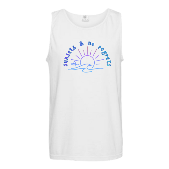 Sunsets & No Regrets - Comfort Colors - Unisex Tank - Neutral Colors & Blues