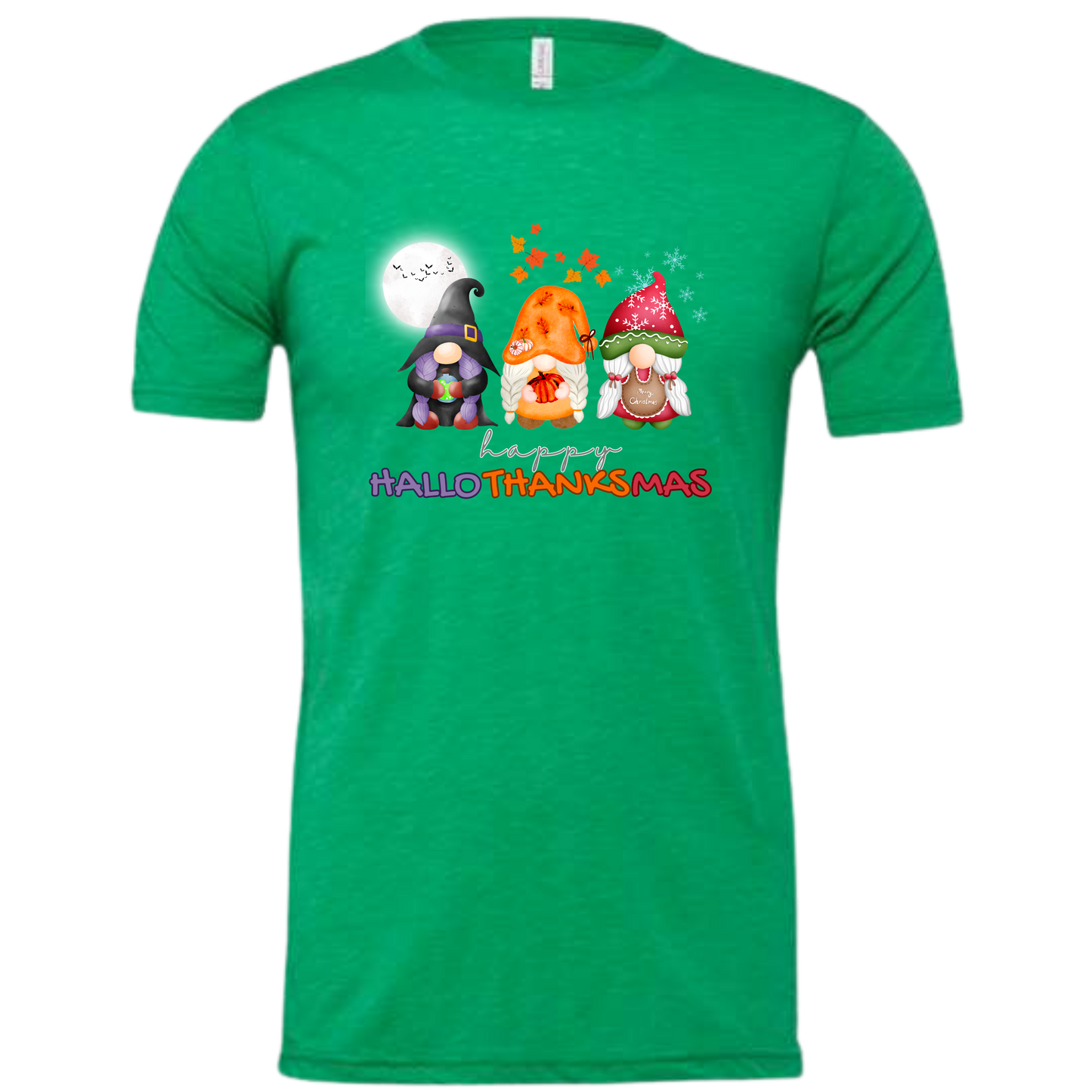 Happy HalloThanksMas Gnomes - Unisex Tee - Browns and Greens