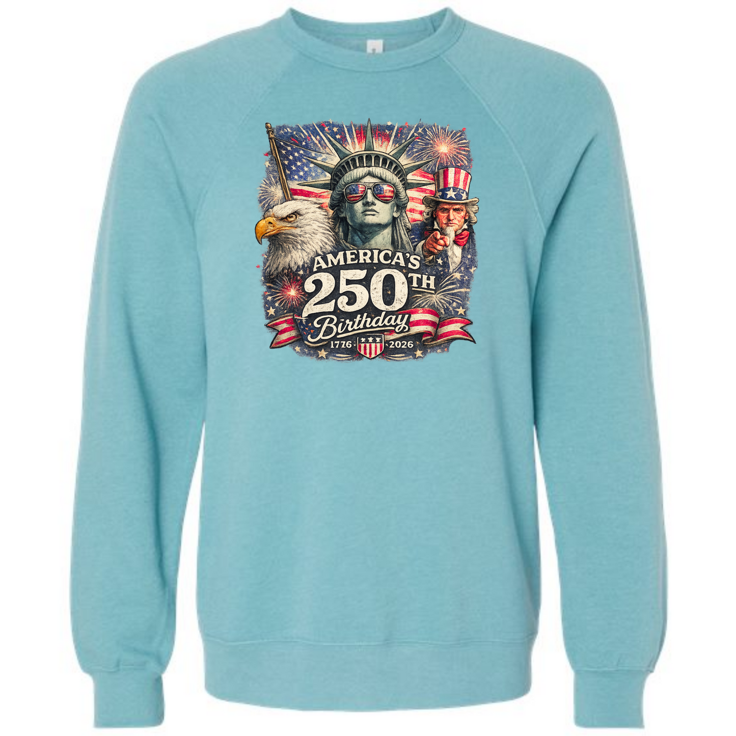 America's 250th Birthday - Sponge Fleece Raglan Sweatshirt - Blues, Greens, Purple, and Black