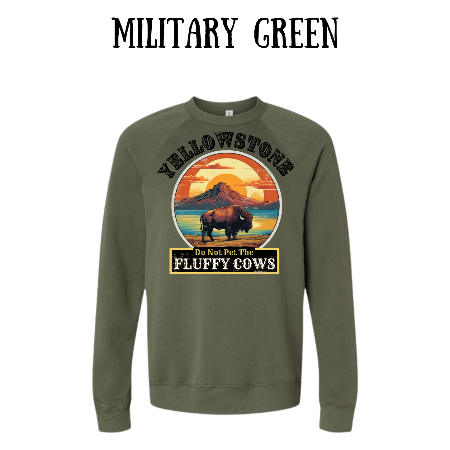 CP - Yellowstone: Fluffy Cows - Sponge Fleece Raglan Sweatshirt - Greens, Neutrals