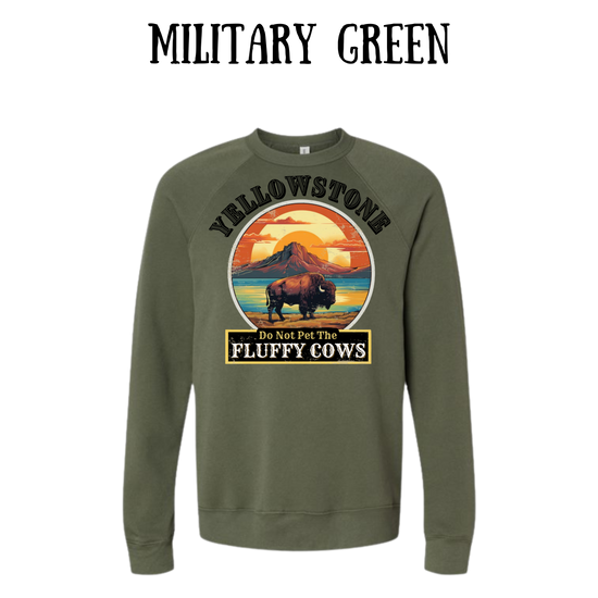 CP - Yellowstone: Fluffy Cows - Sponge Fleece Raglan Sweatshirt - Greens, Neutrals