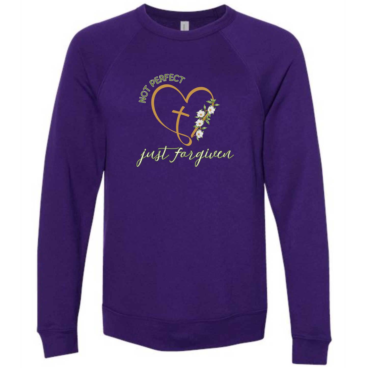 Not Perfect Just Forgiven - Sponge Fleece Raglan Sweatshirt - Blues, Greens, Purple, and Black