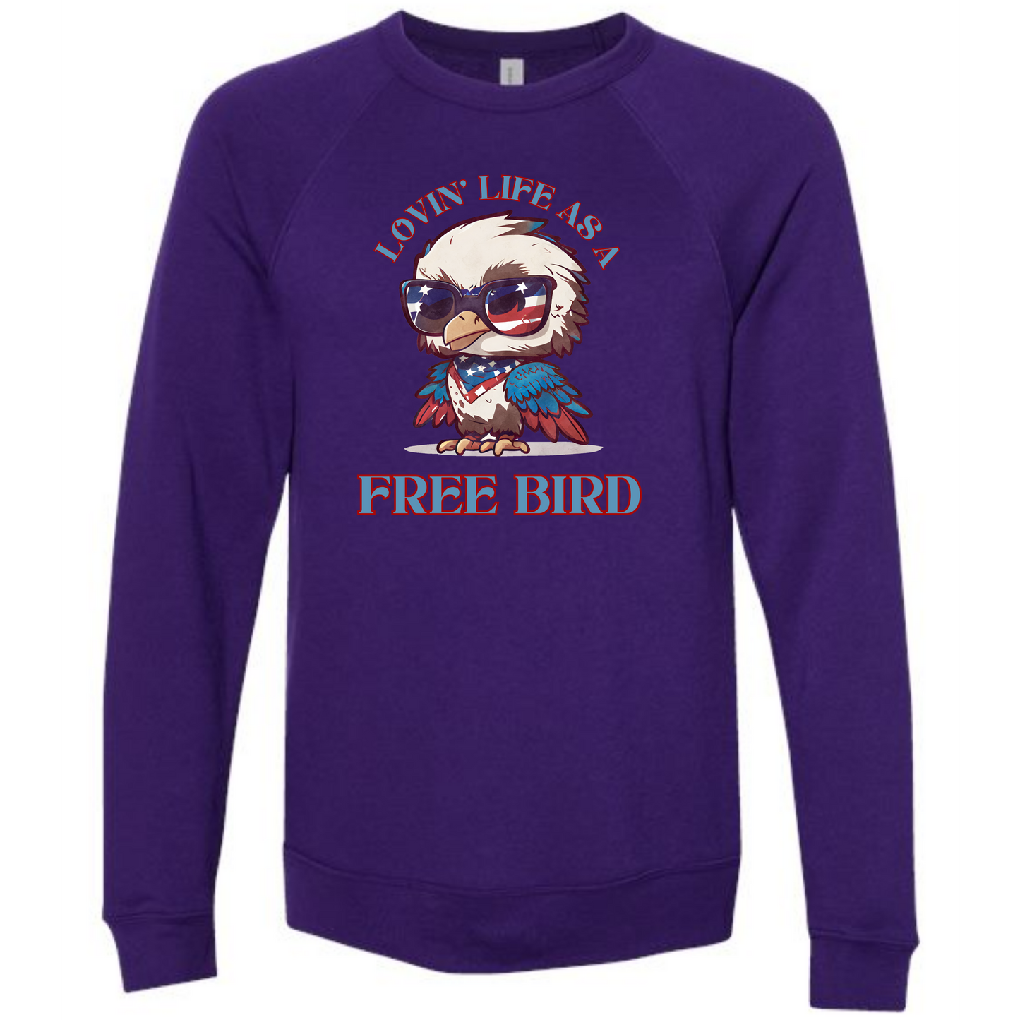 Lovin' Life as a Free Bird - Sponge Fleece Raglan Sweatshirt - Blues, Greens, Purple, and Black