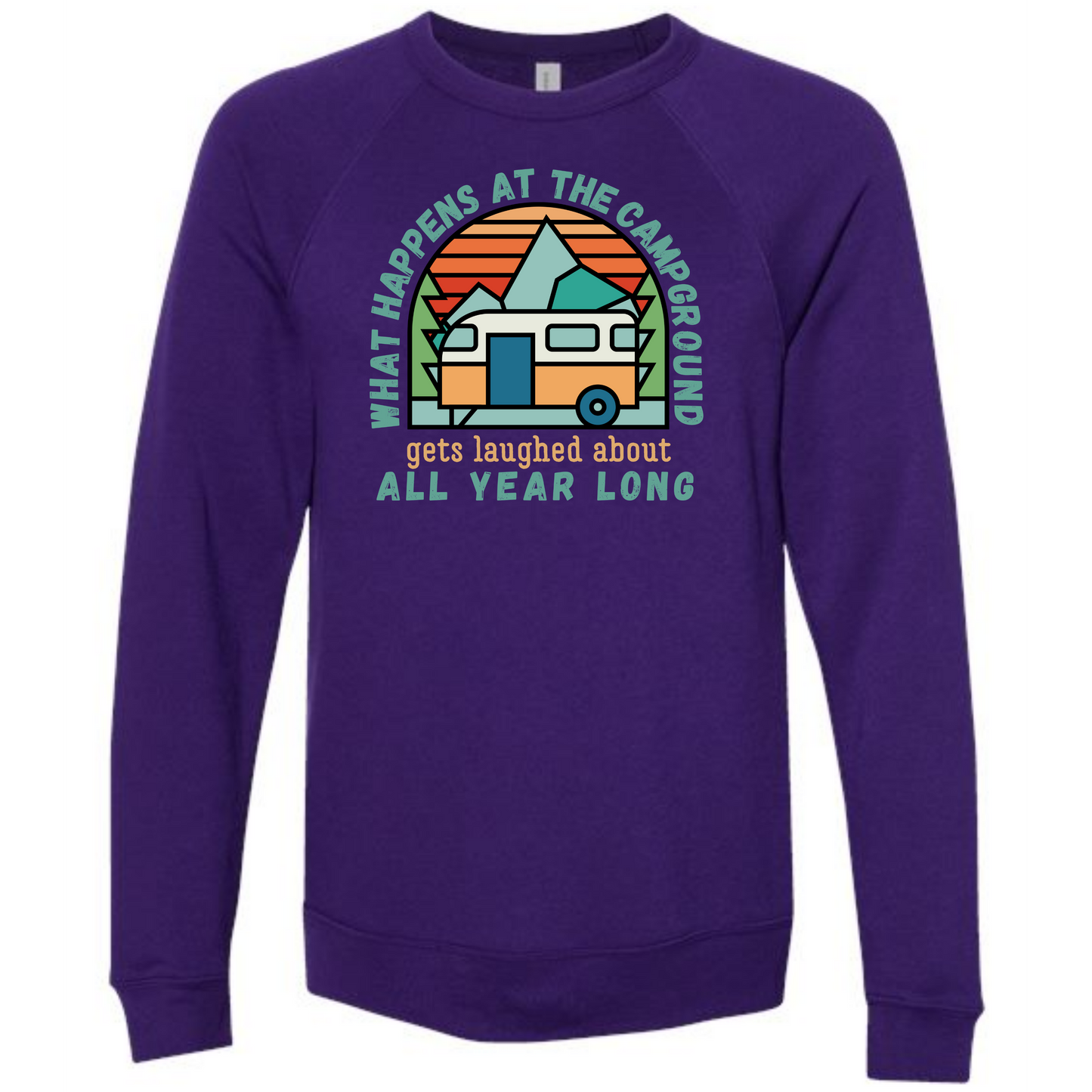 What Happens At The Campground - Sponge Fleece Raglan Sweatshirt - Blues, Greens, Purple, and Black