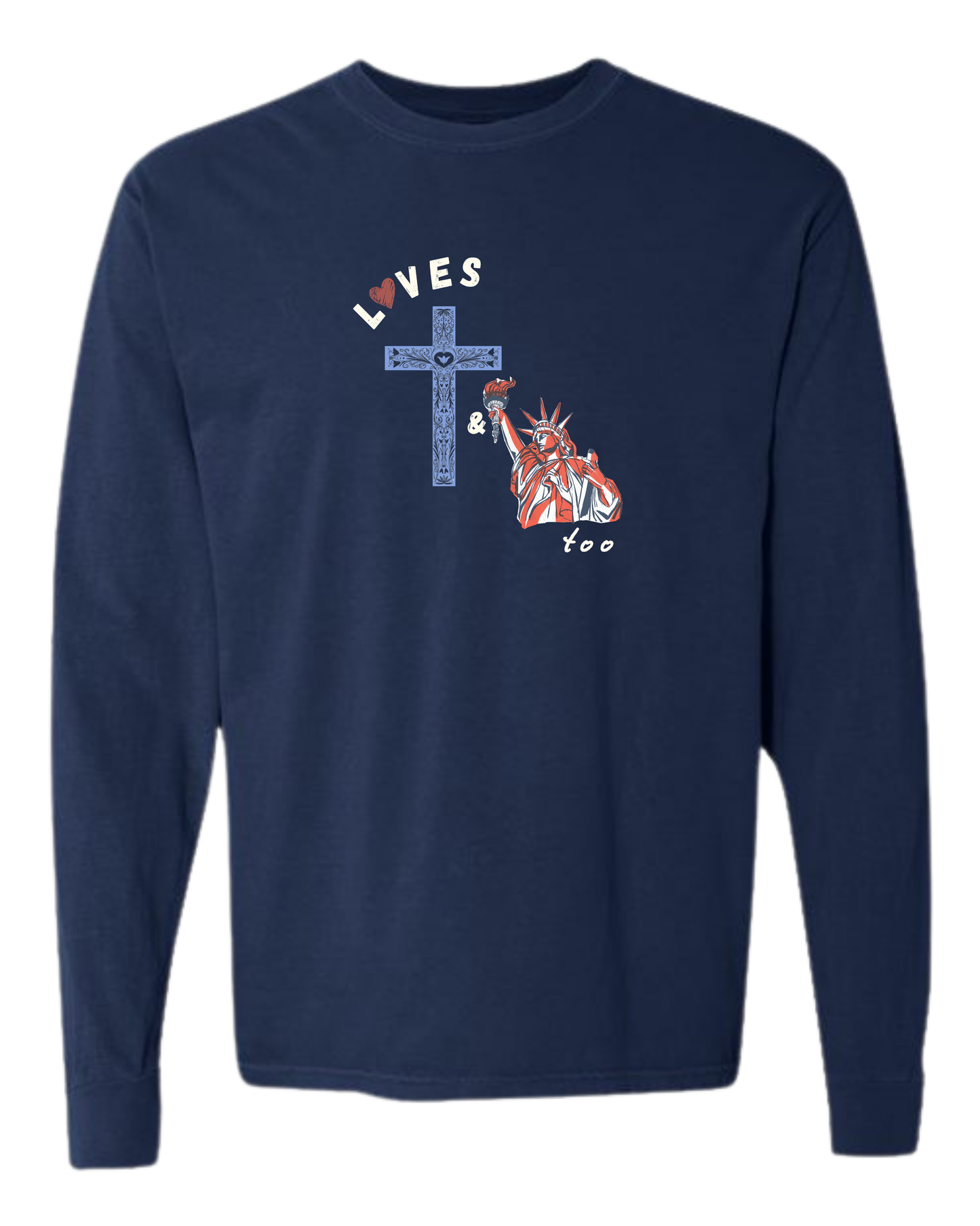 Loves Jesus & America too - Comfort Colors - Heavyweight Long Sleeve Tee - Blues & Greens