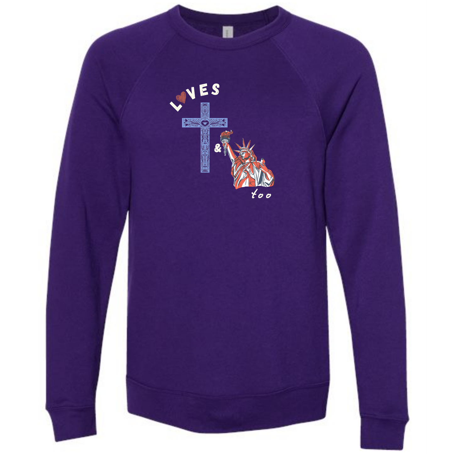 Loves Jesus & America too - Sponge Fleece Raglan Sweatshirt - Blues, Greens, Purple, and Black