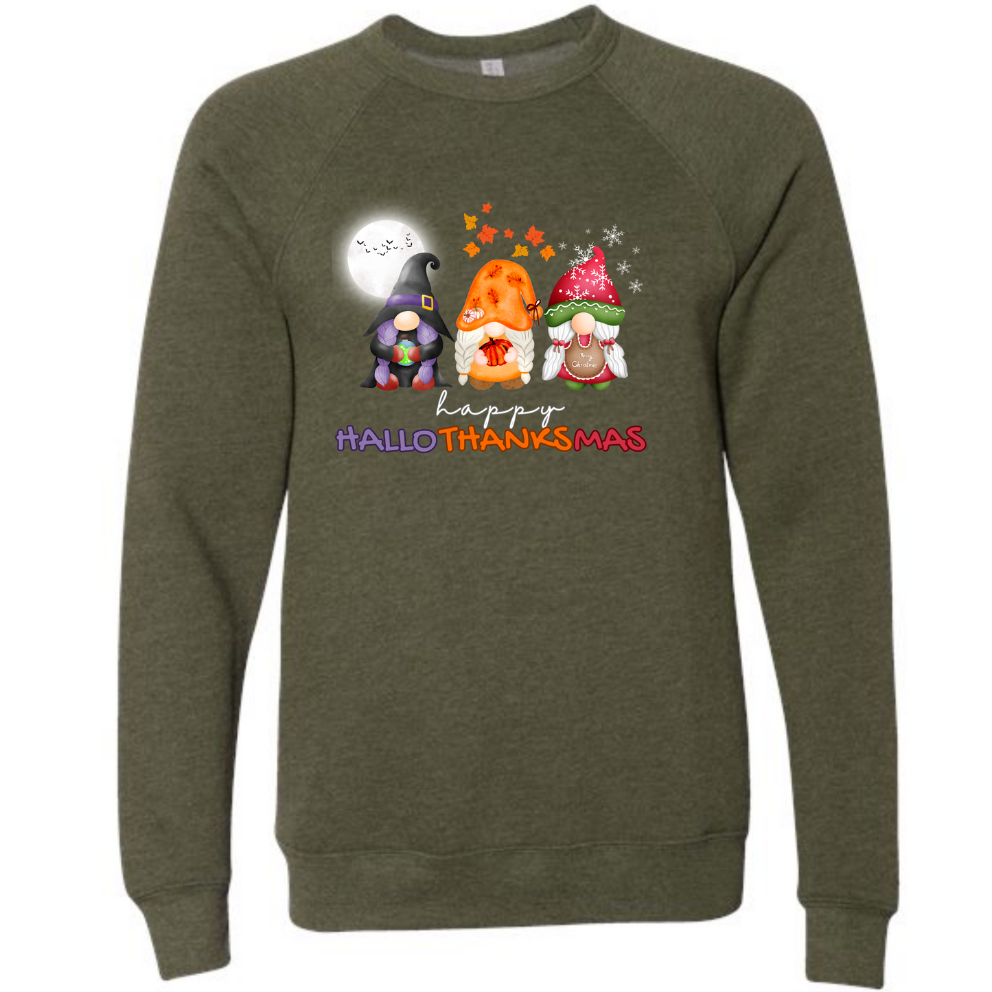 Happy Hallothanksmas Gnomes- Sponge Fleece Raglan Sweatshirt - Greens, Neutrals