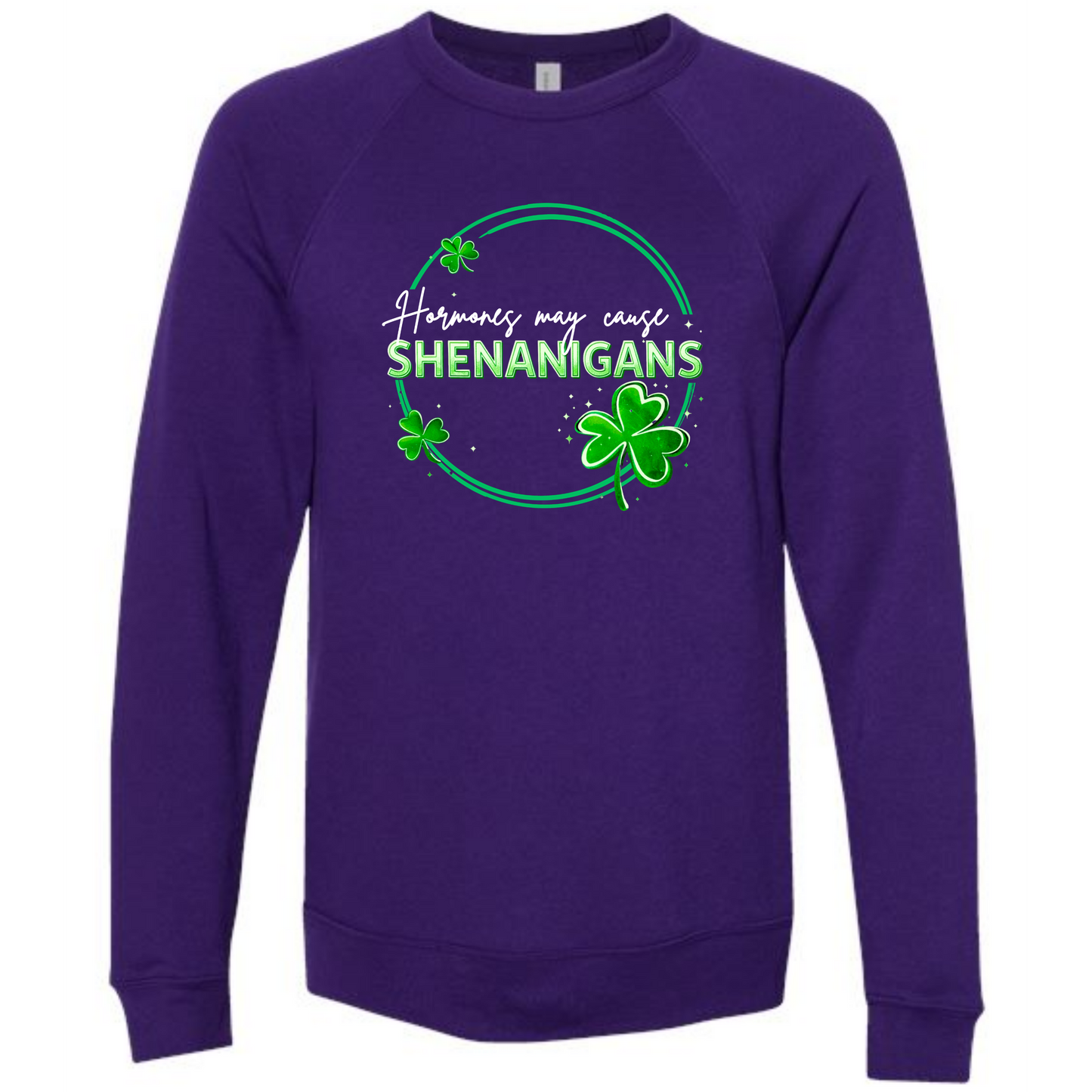 Hormones May Cause Shenanigans - Sponge Fleece Raglan Sweatshirt - Blues, Greens, Purple, and Black