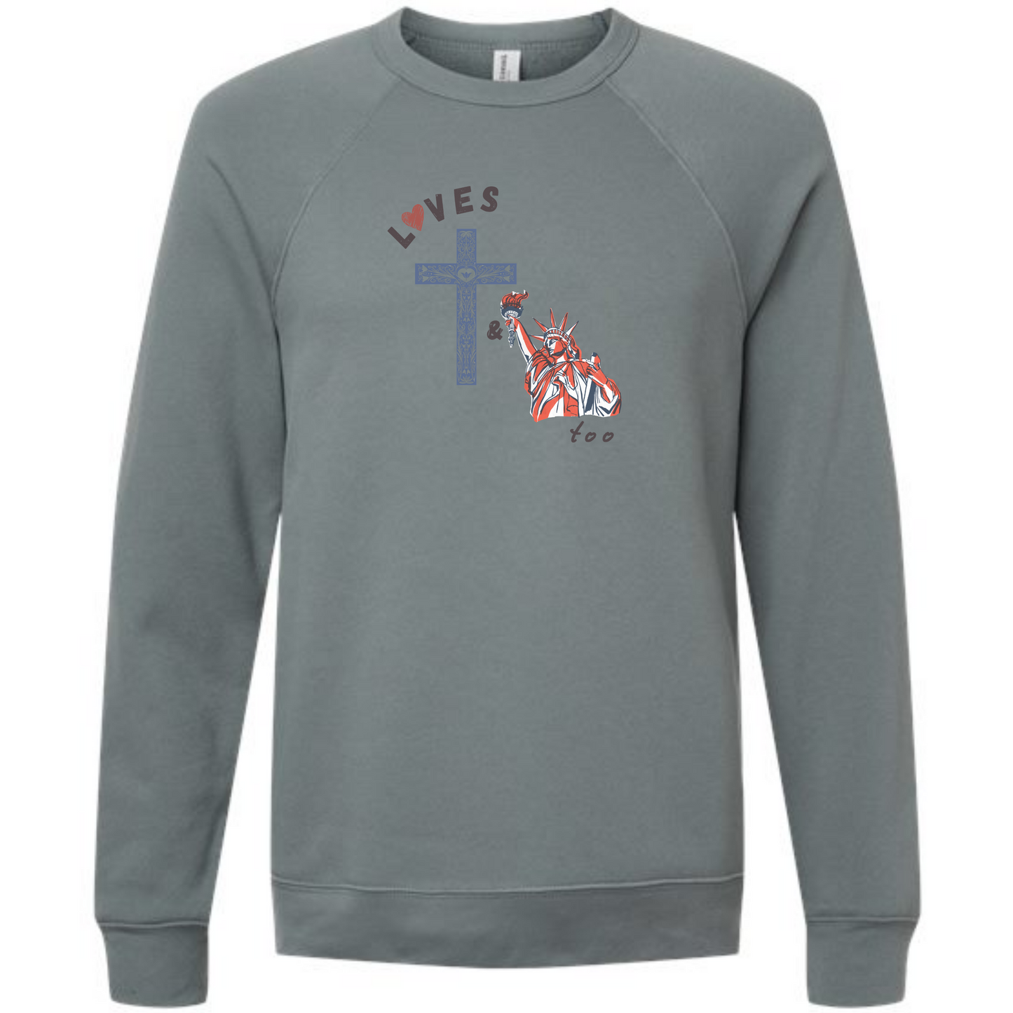 Loves Jesus & America too - Sponge Fleece Raglan Sweatshirt - Blues, Greens, Purple, and Black
