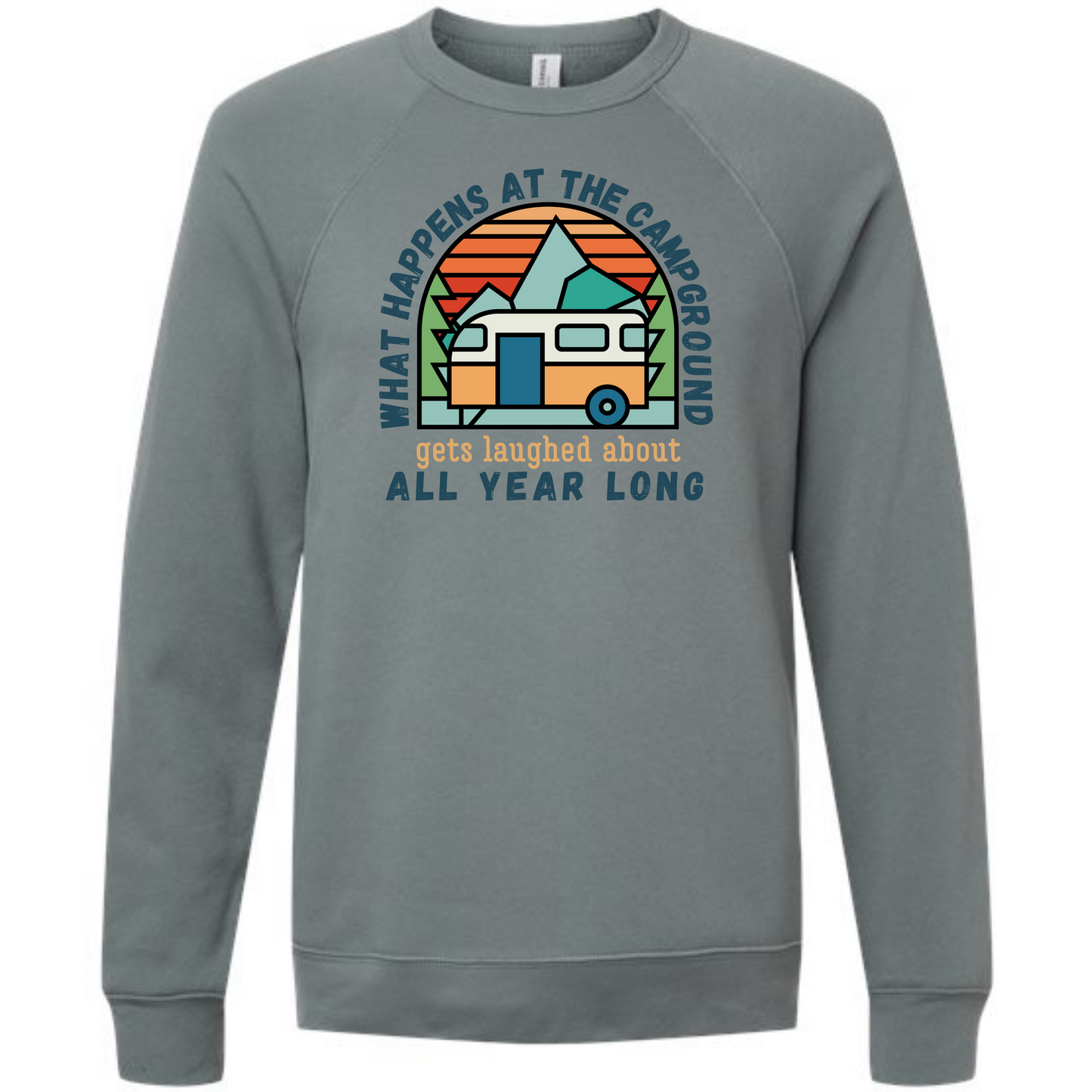 What Happens At The Campground - Sponge Fleece Raglan Sweatshirt - Blues, Greens, Purple, and Black