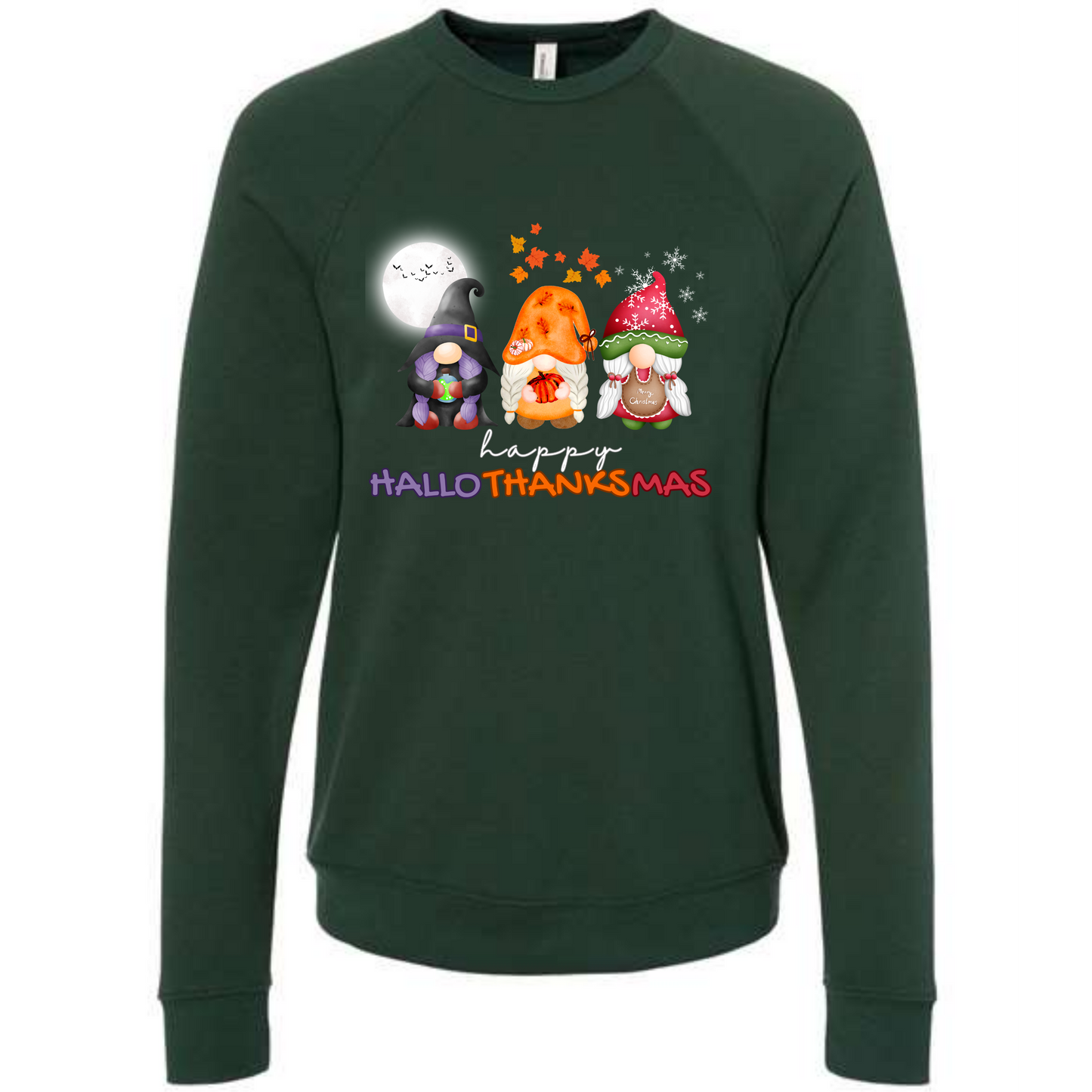 Happy Hallothanksmas Gnomes- Sponge Fleece Raglan Sweatshirt - Greens, Neutrals