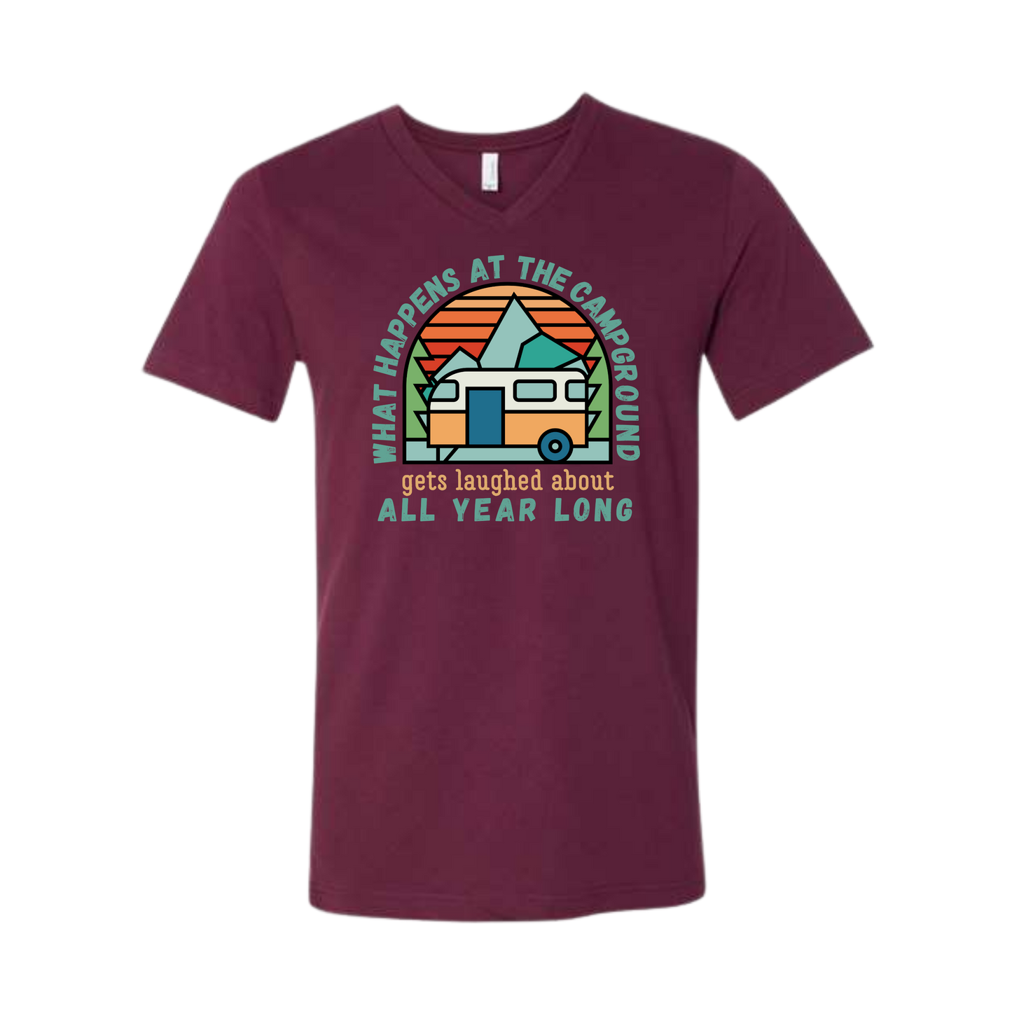 What Happens At The Campground - Bella+Canvas - Unisex V-Neck - Assorted Colors