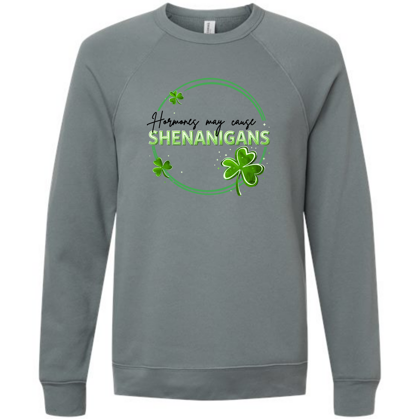 Hormones May Cause Shenanigans - Sponge Fleece Raglan Sweatshirt - Blues, Greens, Purple, and Black