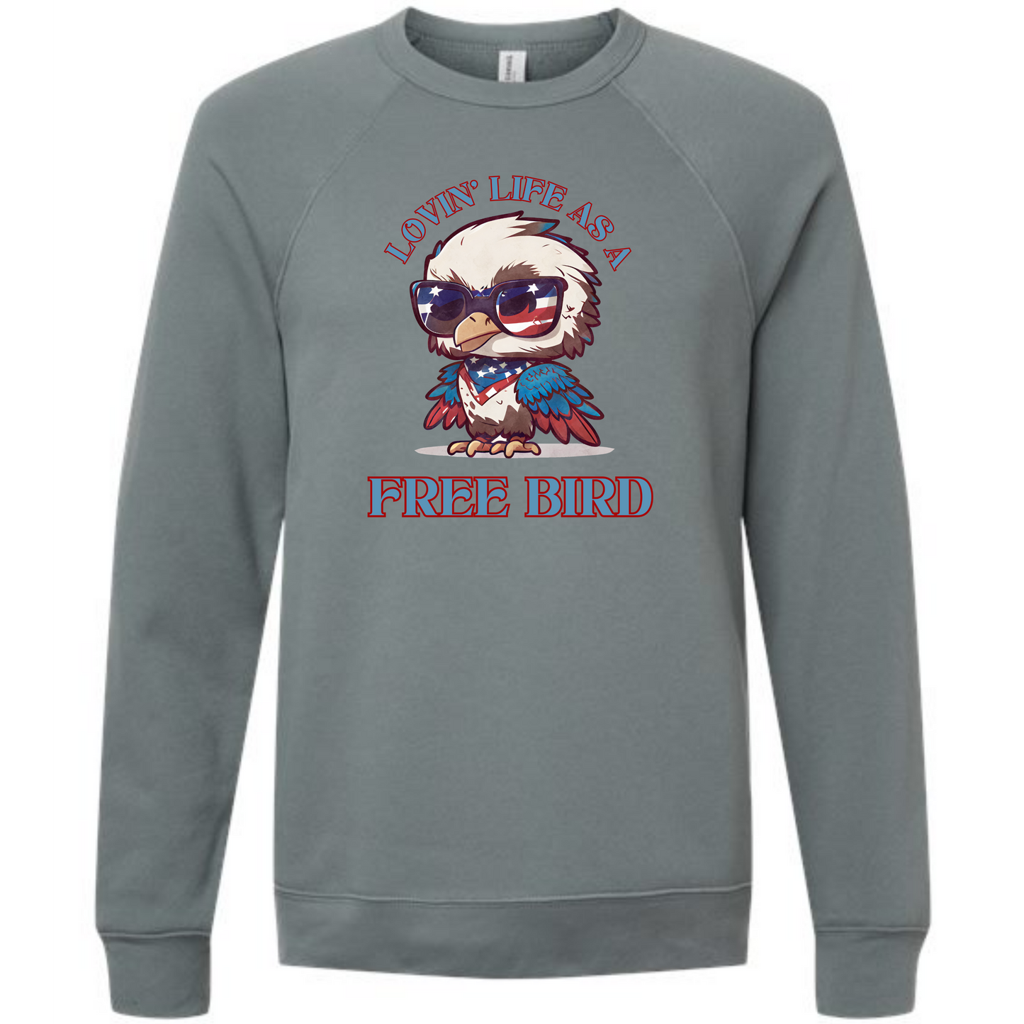 Lovin' Life as a Free Bird - Sponge Fleece Raglan Sweatshirt - Blues, Greens, Purple, and Black