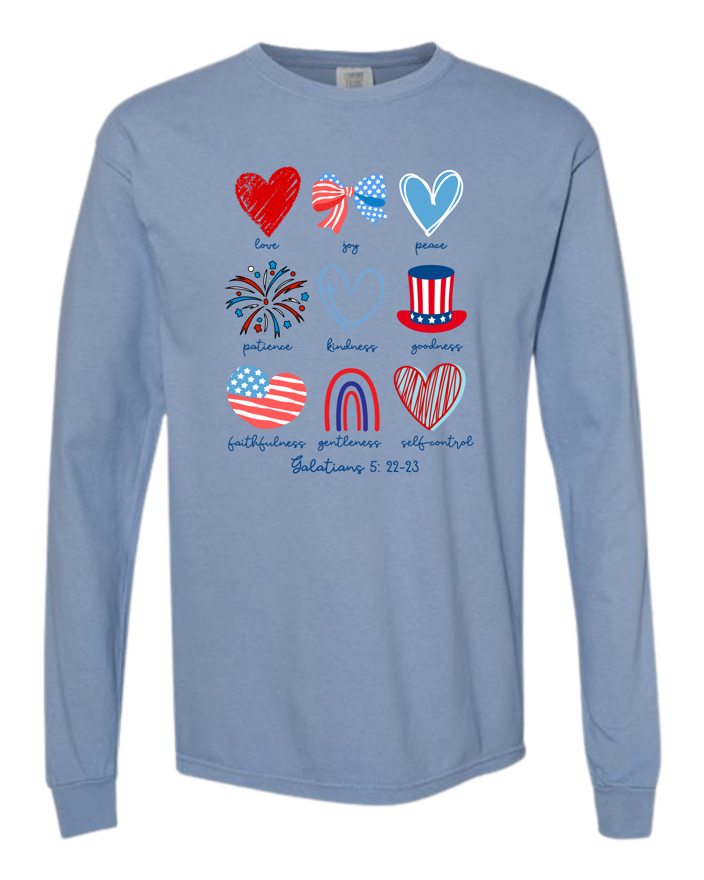 Galatians 5 - Patriotic - Comfort Colors - Heavyweight Long Sleeve Tee - Blues & Greens