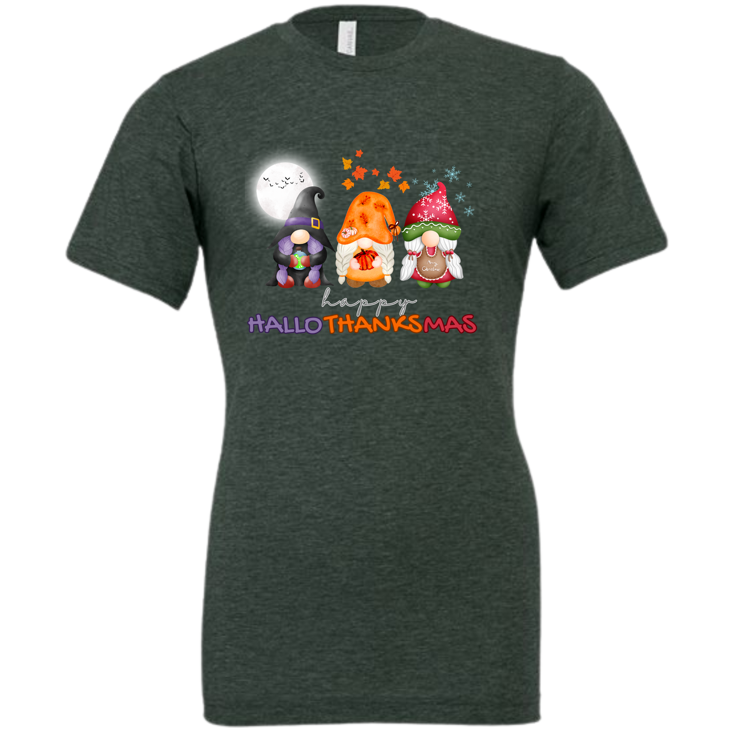 Happy HalloThanksMas Gnomes - Unisex Tee - Browns and Greens