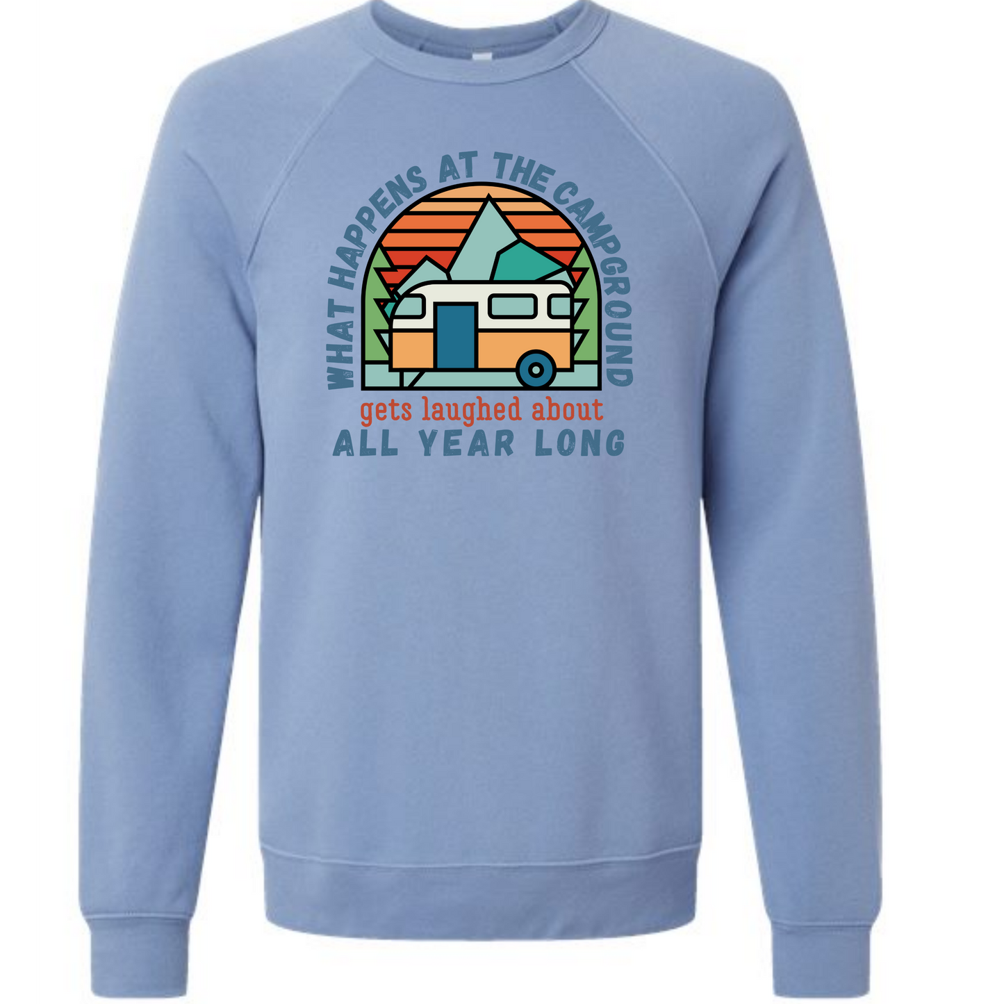 What Happens At The Campground - Sponge Fleece Raglan Sweatshirt - Blues, Greens, Purple, and Black