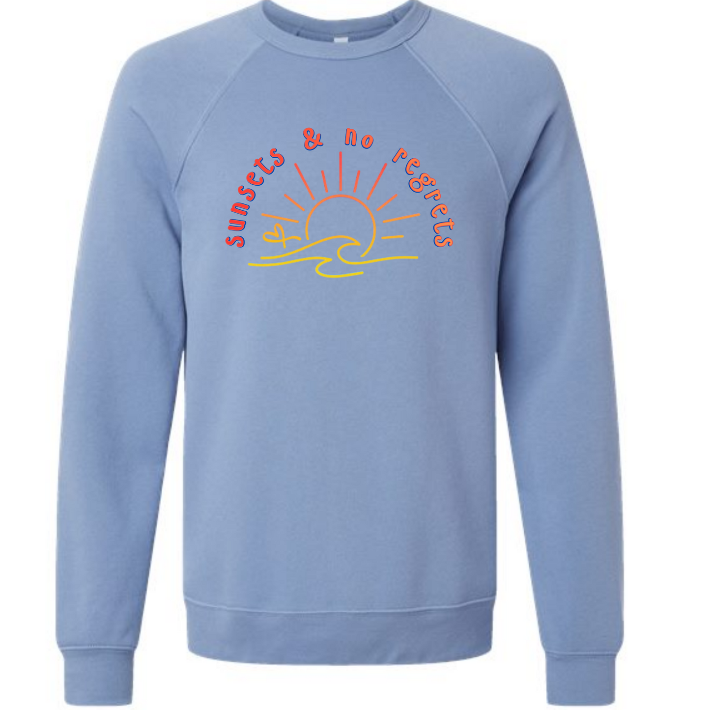 Sunsets & No Regrets - Sponge Fleece Raglan Sweatshirt - Blues, Greens, Purple, and Black