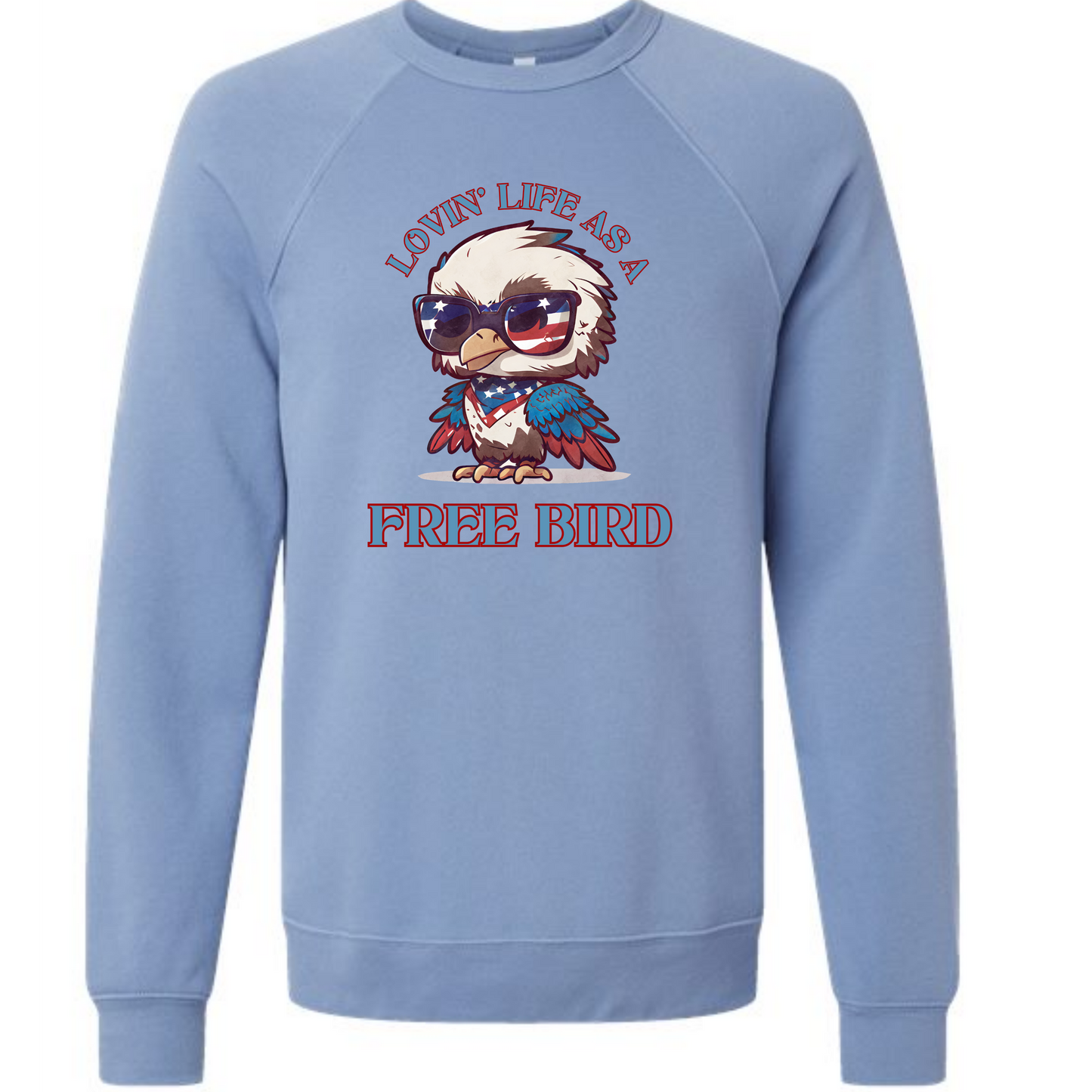Lovin' Life as a Free Bird - Sponge Fleece Raglan Sweatshirt - Blues, Greens, Purple, and Black