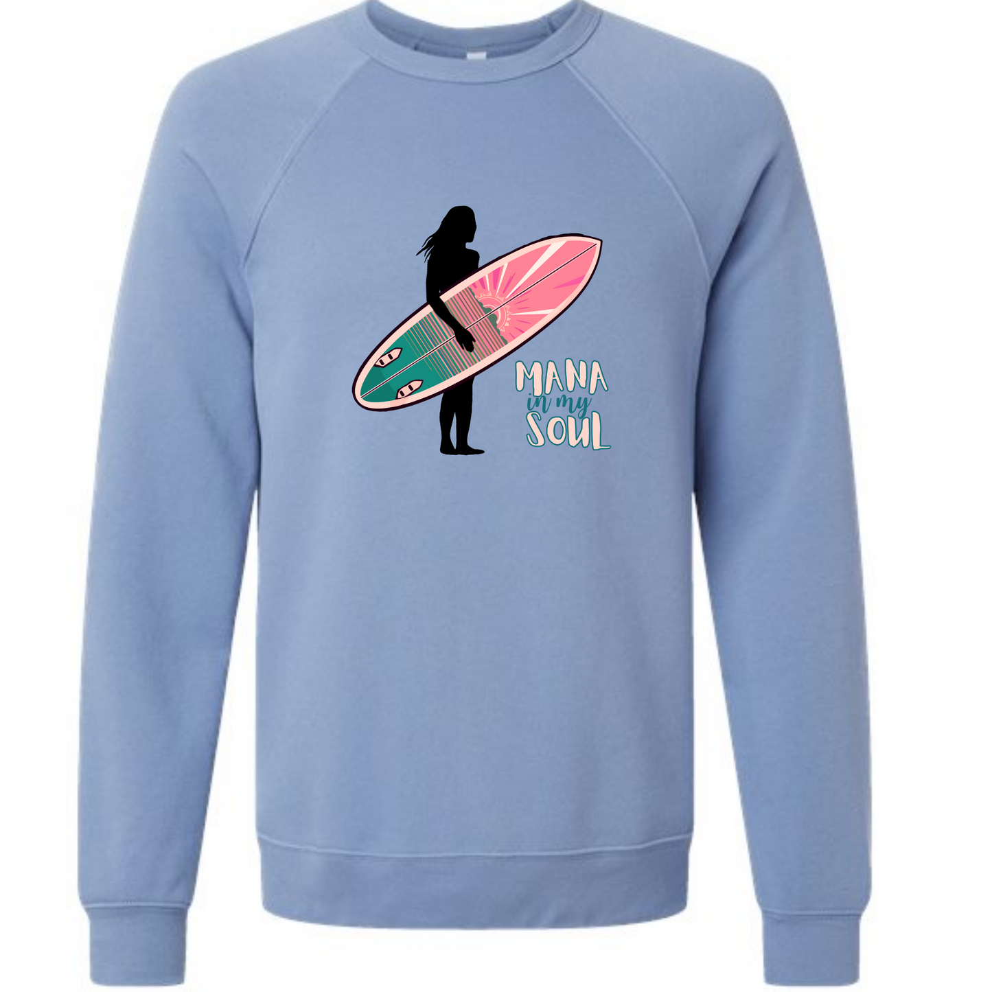 Mana in My Soul - Sponge Fleece Raglan Sweatshirt - Blues, Greens, Purple, and Black