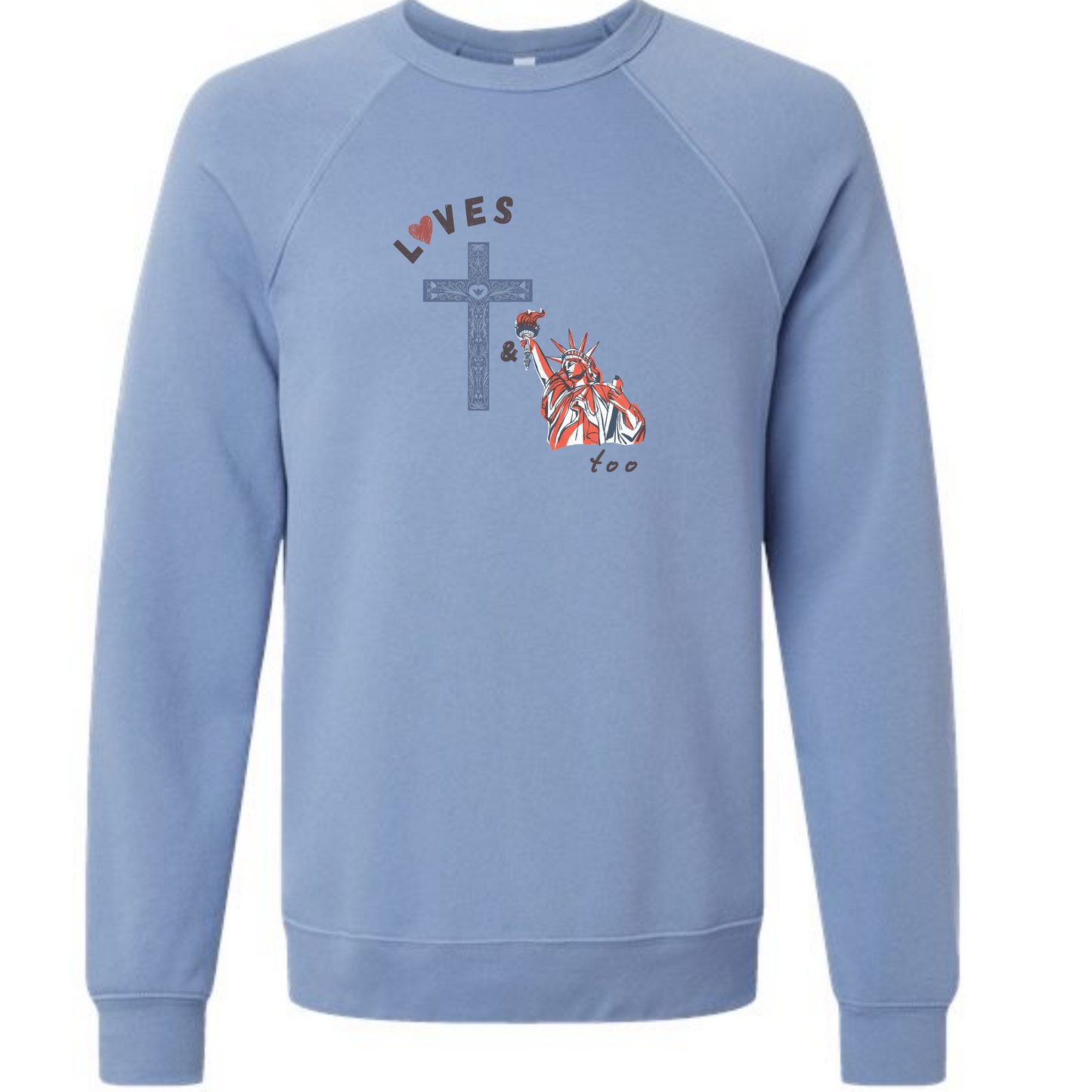 Loves Jesus & America too - Sponge Fleece Raglan Sweatshirt - Blues, Greens, Purple, and Black