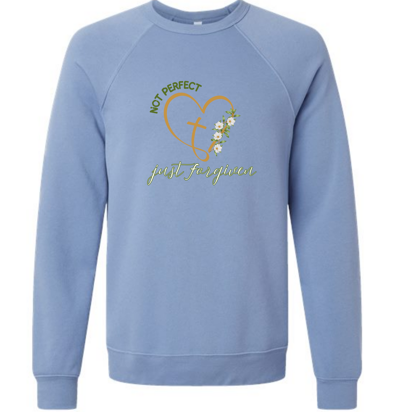 Not Perfect Just Forgiven - Sponge Fleece Raglan Sweatshirt - Blues, Greens, Purple, and Black