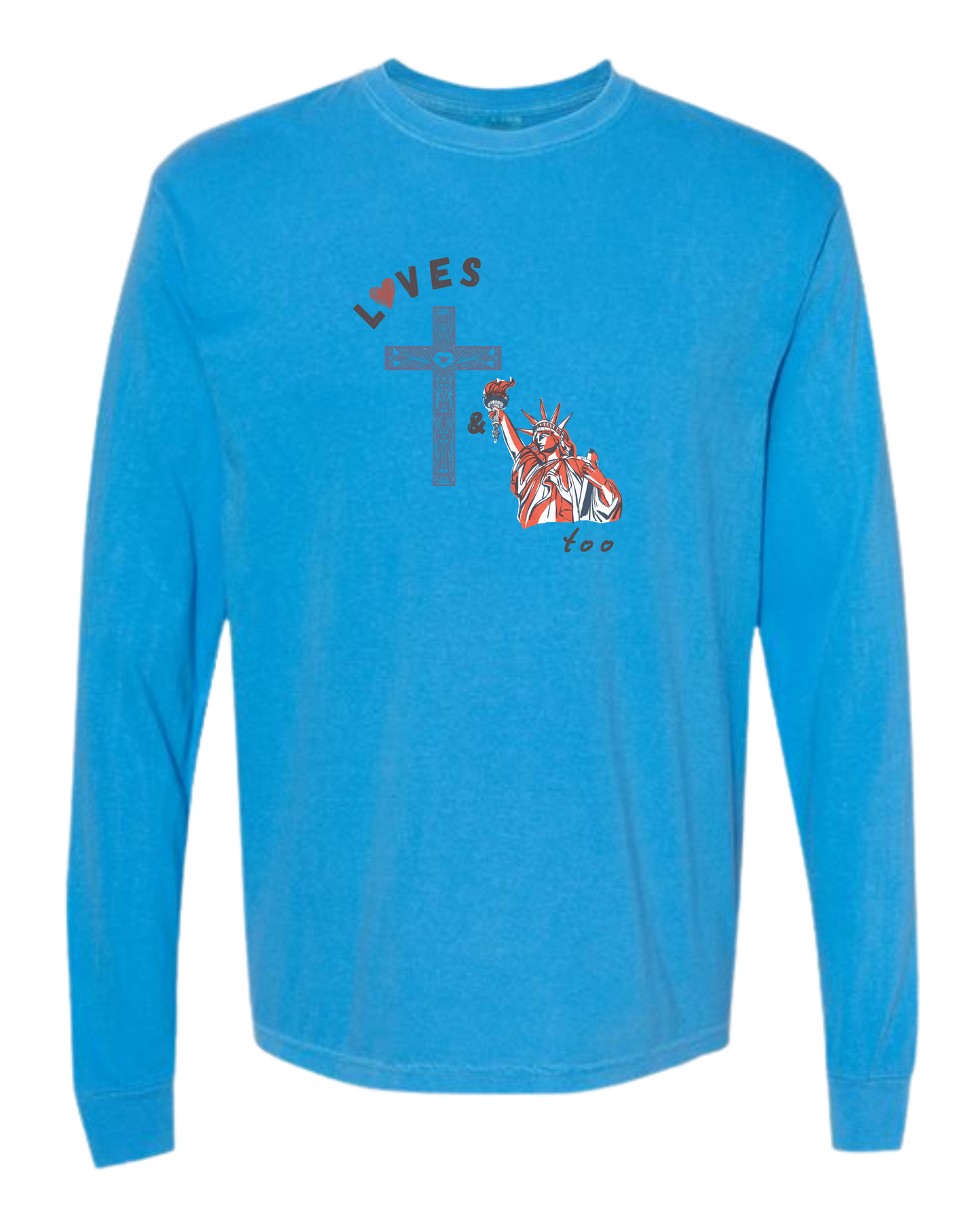 Loves Jesus & America too - Comfort Colors - Heavyweight Long Sleeve Tee - Blues & Greens