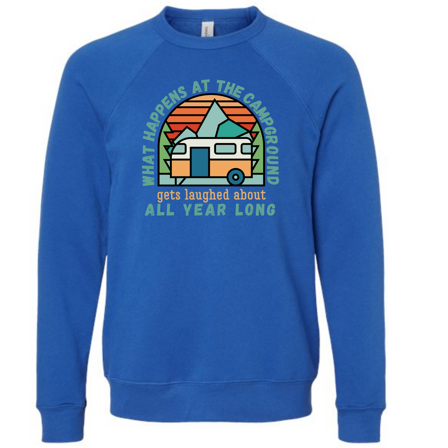 What Happens At The Campground - Sponge Fleece Raglan Sweatshirt - Blues, Greens, Purple, and Black