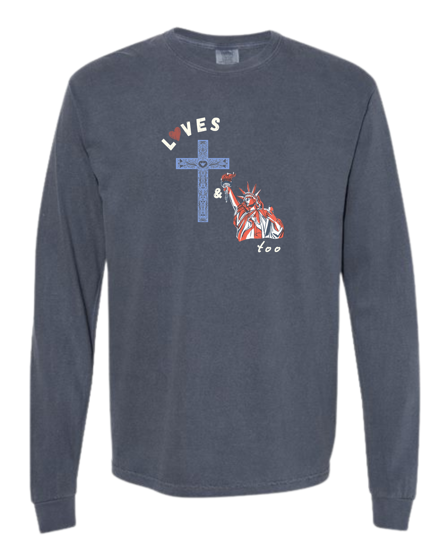Loves Jesus & America too - Comfort Colors - Heavyweight Long Sleeve Tee - Blues & Greens