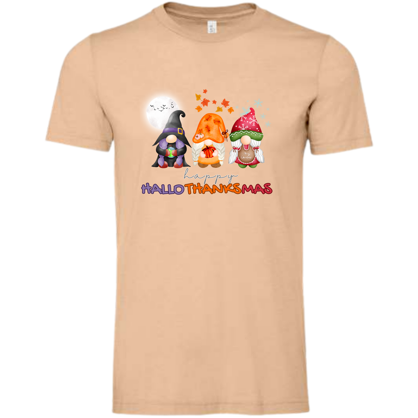 Happy HalloThanksMas Gnomes - Unisex Tee - Browns and Greens