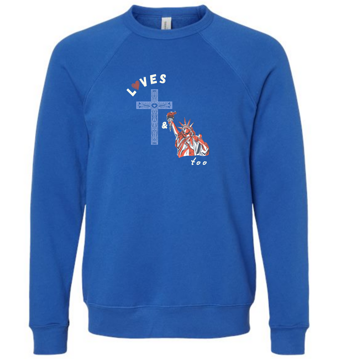 Loves Jesus & America too - Sponge Fleece Raglan Sweatshirt - Blues, Greens, Purple, and Black