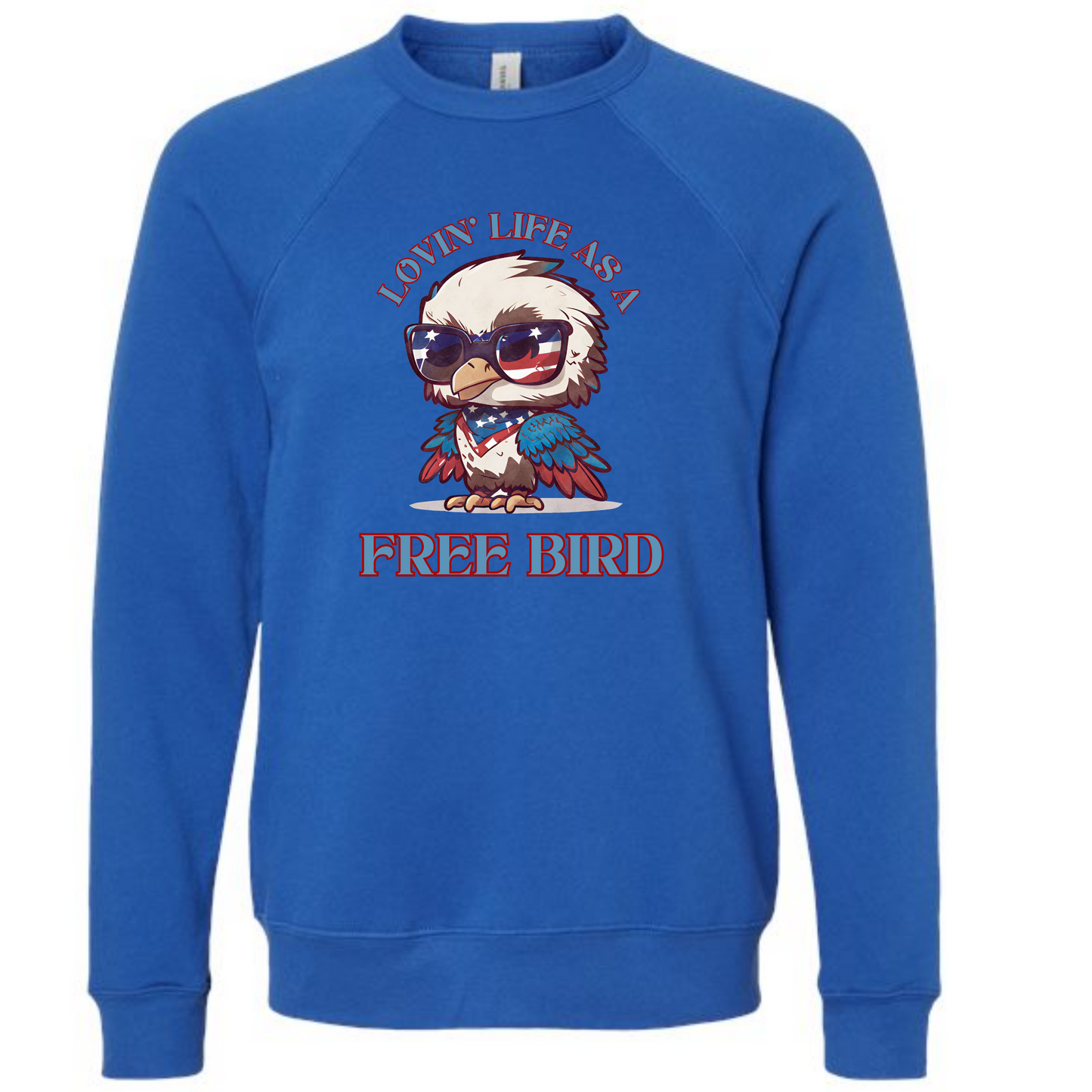 Lovin' Life as a Free Bird - Sponge Fleece Raglan Sweatshirt - Blues, Greens, Purple, and Black