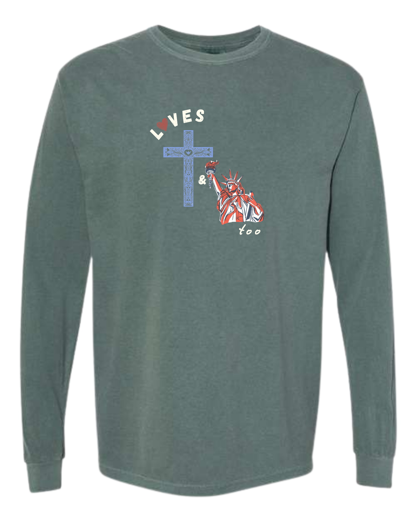 Loves Jesus & America too - Comfort Colors - Heavyweight Long Sleeve Tee - Blues & Greens