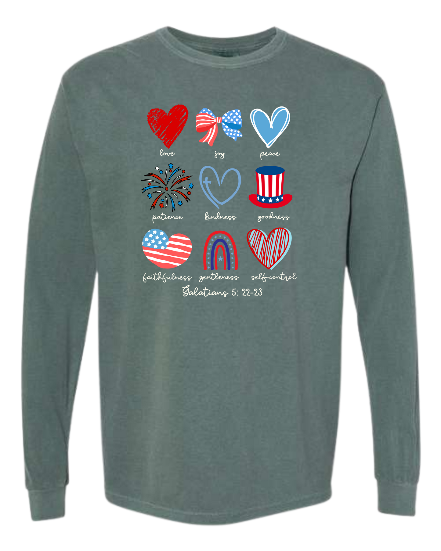 Galatians 5 - Patriotic - Comfort Colors - Heavyweight Long Sleeve Tee - Blues & Greens